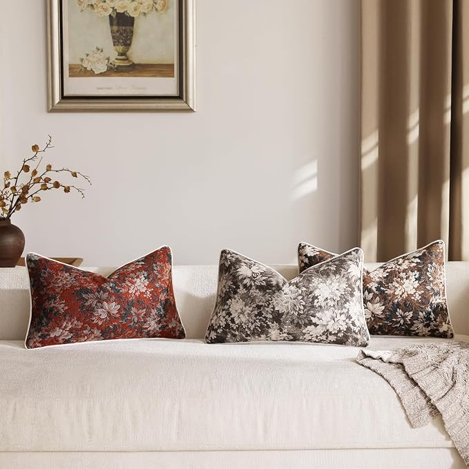DEZENE Pack of 2 Vintage Floral Pillow Covers 12x20 Boho Farmhouse Accents Chenille Rectangular Lumbar Decorative Throw Pillow Cases for Living Room Couch Bed Home Decor, Rust