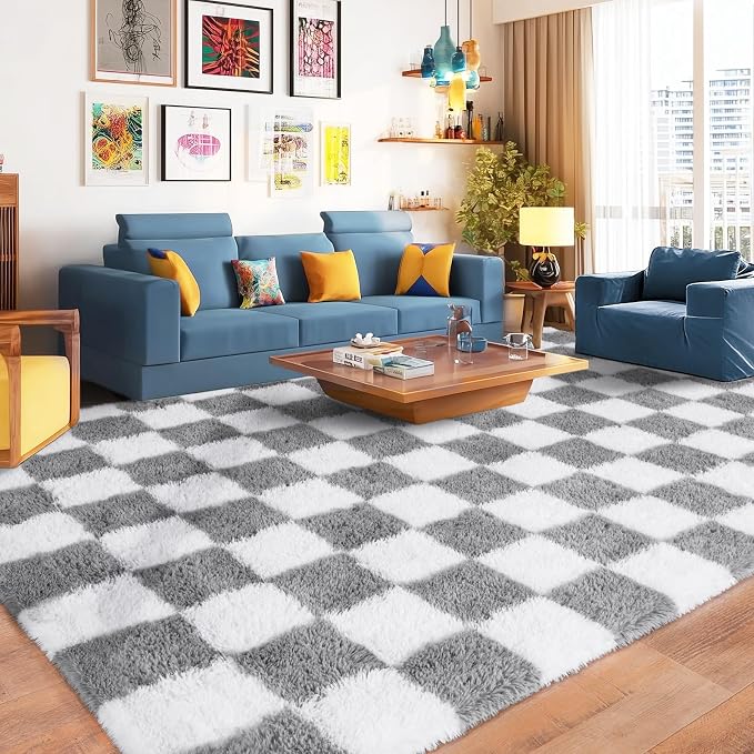 Pionblank 8x10 Area Rugs for Living Room, Fluffy Plush Checkered Rug for Bedroom, Modern Shag Non Slip Soft Furry Large Carpet for Kids Room Nursery Home Decor, Grey and White