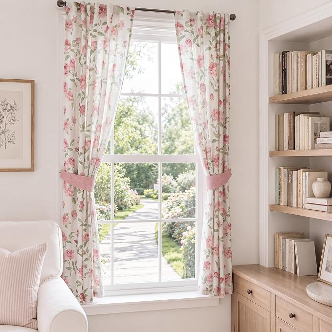 jinchan Pink Floral Linen Curtains 63 Inch Cottagecore Back Tab 2 Panels | Light filtering drapes, semi sheer, farmhouse, watercolor, romantic, living room, bedroom, rod pocket, window treatment