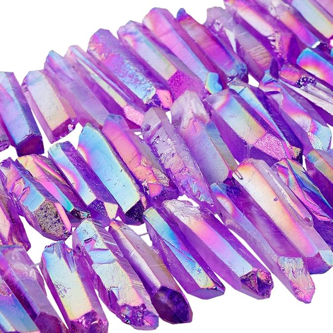 TUMBEELLUWA Rock Quartz Crystal Points Loose Beads for Jewelry Making, Titanium Coated Polished/Raw Quartz Beads 15 Inches Top Drilled,Purple Crystal Points(0.5"-1.6")
