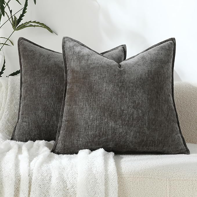 Stellhome Pack of 2 Soft Textured Throw Decorative Pillow Covers Square Accent Solid Chenille Cushion Cover Cozy Farmhouse Pillow Case for Couch Sofa Bedroom Living Room 26x26 Inch, Dark Grey