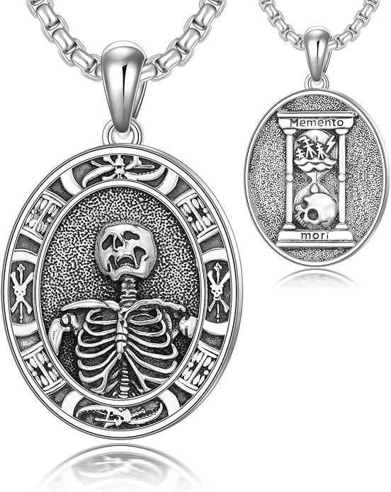 Skull/Skeleton Memento Mori Necklace 925 Sterling Silver Skull/Skeleton Pendant Hourglass Necklace Skull/Skeleton Jewelry for Men Women