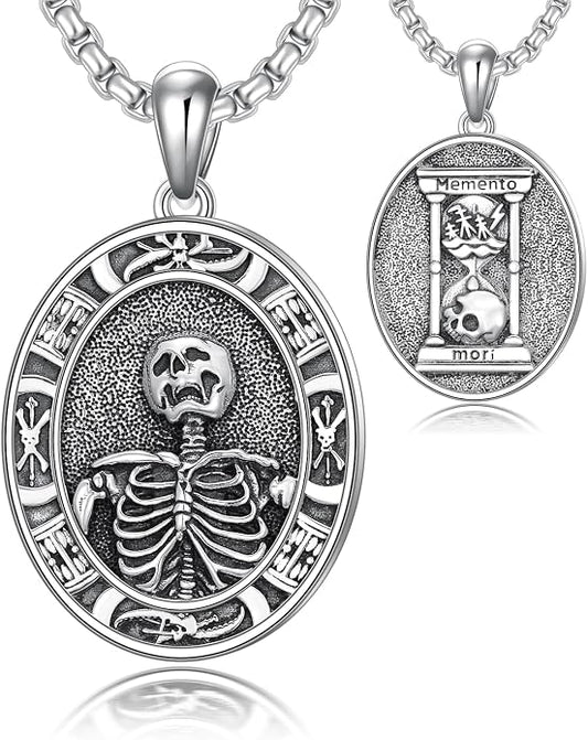 Skull/Skeleton Memento Mori Necklace 925 Sterling Silver Skull/Skeleton Pendant Hourglass Necklace Skull/Skeleton Jewelry for Men Women