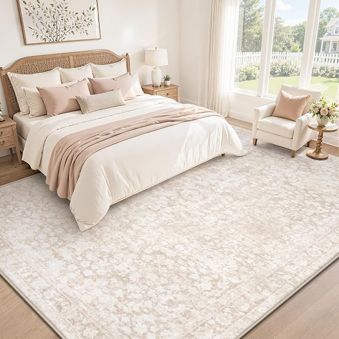 9x12 Area Rug for Living Room: Boho Vintage Washable Rug Non-Slip Soft Stain Repellent Area Rugs Indoor Low-Pile Large Carpet for Bedroom Office Dining Room Playroom Farmhouse (Beige, 9'x12')