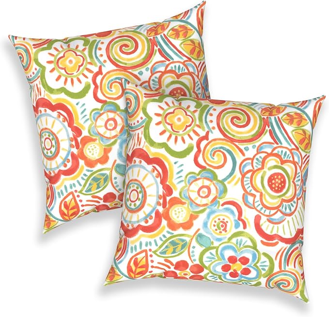 Outdoor 16x16 Inch Throw Pillow Covers Set of 2, All Weather Square Pillow Cases, Patio Cushion Pillow of Home Furniture Use, Flower Multi