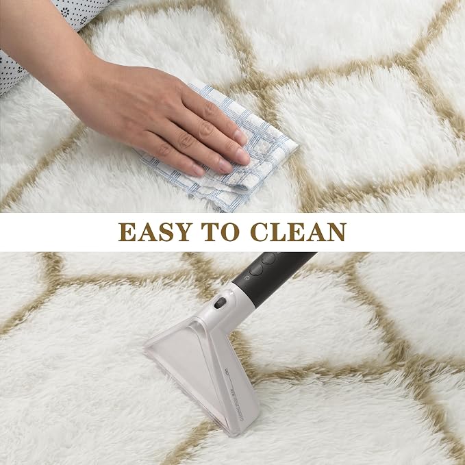 Fluffy Rug for Bedroom, Soft 5x7 White Shag Plush Geometric Area Rugs | Modern White and Beige Rug, Non Slip Carpet for Living Room, Aesthetic Home Decor, Fuzzy Floor Mat for Nursery Teen Dorm