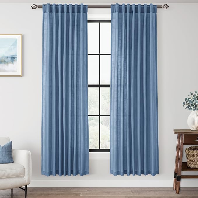 Denim Blue Curtains for Living Room Back Tab Modern Farmhouse Semi Sheer Blue Curtains 72 inches Long 2 Panels Set Muted Neutral Window Curtain for Dining Room Bedroom 52x72