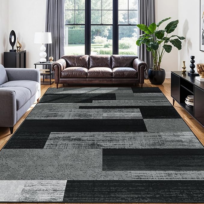 LIANLAM 10x12 Washable Area Rugs for Living Room&Bedroom(10x12,Black&Gray) | Non-Slip Large Carpet,Vintage Checkered Pattern, Stain Resistant Faux Wool Low Pile Soft Rug for Dining Room,Office,Nursery