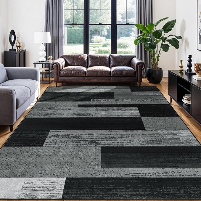 LIANLAM 10x14 Washable Area Rugs for Living Room&Bedroom(10x14,Black&Gray) | Non-Slip Large Carpet,Vintage Checkered Pattern, Stain Resistant Faux Wool Low Pile Soft Rug for Dining Room,Office,Nursery