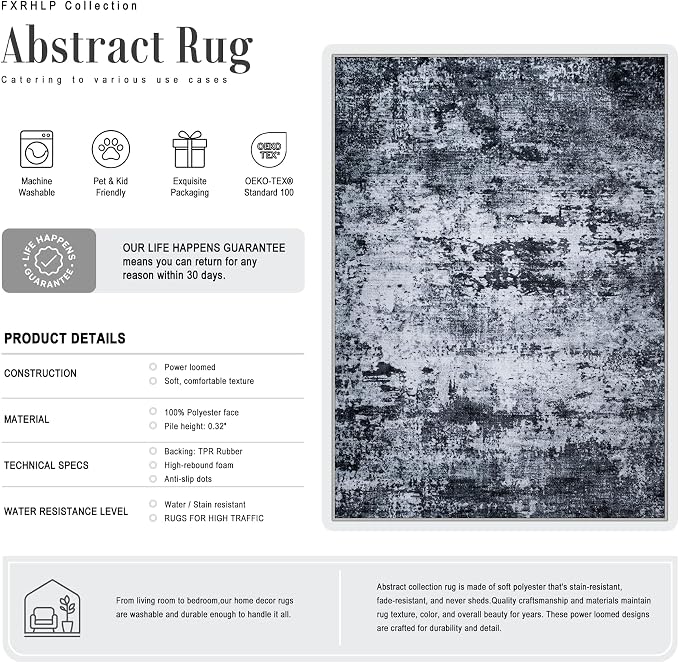 8x10 Area Rug Living Room Rug: Washable Modern Abstract Soft Thin Rug Indoor Floor No Slip Stain Resistant Carpet for Bedroom Dining Room Farmhouse Nursery Home Office - Black
