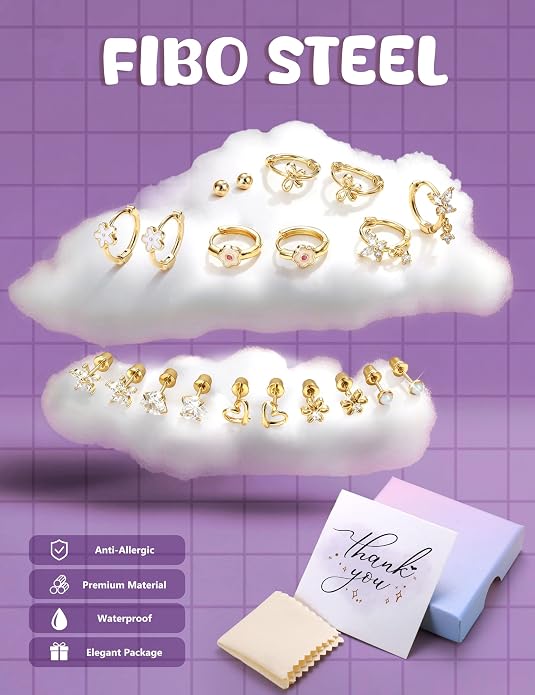 Hypoallergenic Screw Back Earrings for Girls Women - Surgical Steel 14K Gold Silver Plated Cute Toddler Little Girl Kids Earrings for Sensitive Ears Heart CZ Flower Stud Hoop Earring Sets 10 Pairs