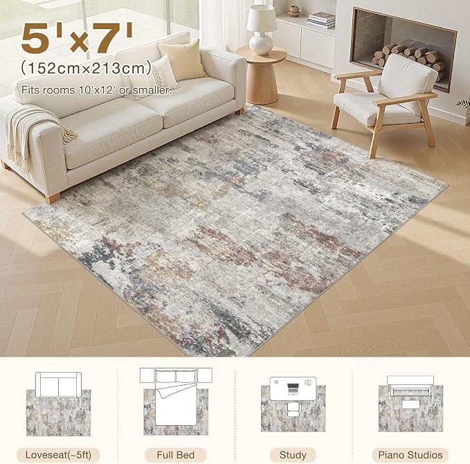 DMOYEST 5x7 Area Rug - Washable & Non Slip Indoor Rug for Living Room, Kid & Pet Friendly Abstract Low Pile Soft Carpet for Bedroom and Dining Room - Grey/Orange/Yellow