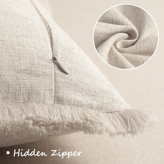 ZWJD Pillow Covers 24x24 Set of 2 Throw Pillow Covers with Fringe Chic Cotton Euro Shams Square Cushion Covers for Couch Sofa Bed Living Room Farmhouse Boho Decor, Natural Beige