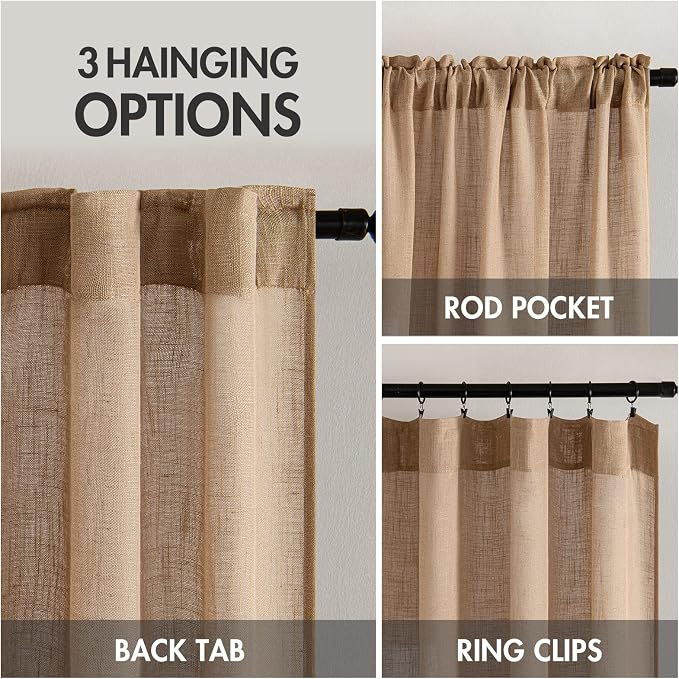MIULEE Brown Linen Curtains 84 Inch Length for Bedroom Living Room, Soft Thick Linen Textured Window Drapes Semi Sheer Light Filtering Back Tab Rod Pocket Burlap Look, 2 Panels, 37x84 Inches