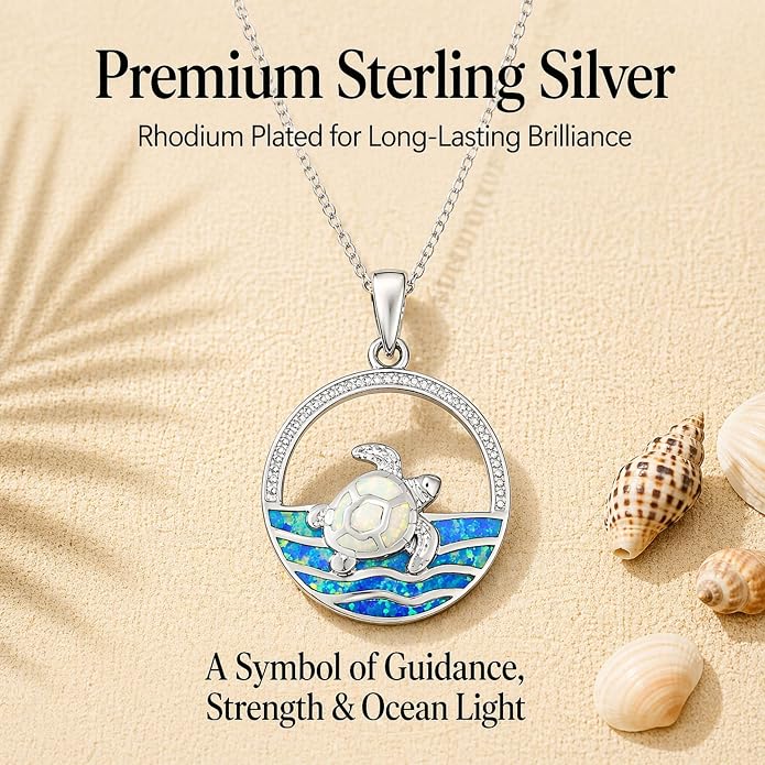 Created Blue Opal Ocean Necklace for Women, 925 Sterling Silver Pendant, 18 Inch Chain, Beach and Sea Life Jewelry Collection