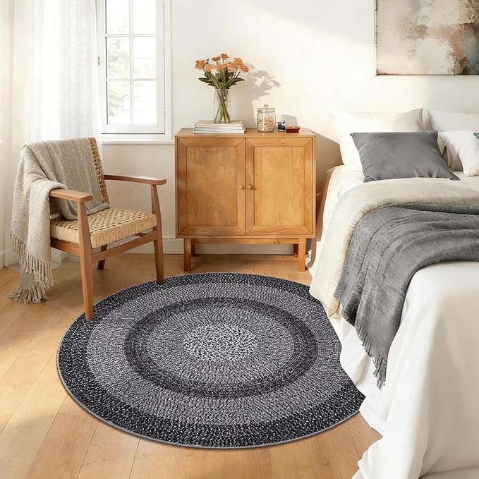 Modern Bordered Round Area Rug 4ft Washable Bedroom Circle Rugs Non Slip Stain Resistant Dining Room Round Throw Carpet Contemporary Circle Mats for Living Room Kitchen Nursery, Black