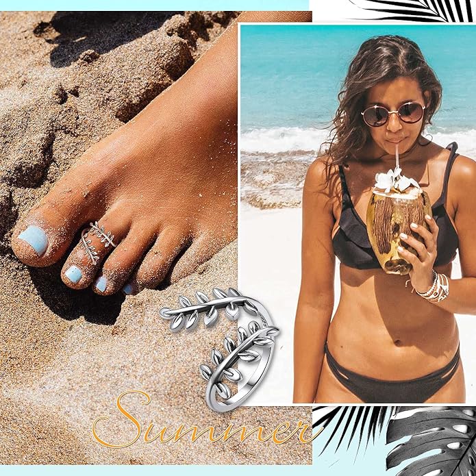 SILVERCUTE Toe Ring, Chic 925 Stamped Toe Ring, Band/Leaf Toe Ring, Sterling Silver Open Adjustable Toe Ring Set, Adjustable Pinky Rings