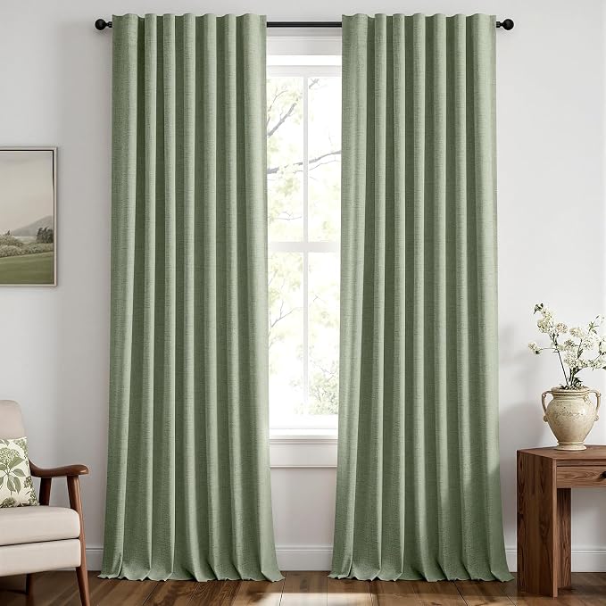 MIULEE 100% Blackout Linen Curtains 42 x 108 Inch Sage Green 2 Panel | Thermal Insulated, Room Darkening Drapes for Bedroom Living Room, Back Tab Rod Pocket Pinch Pleated, Solid Luxury Decor