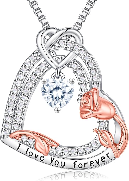 Gifts for Mom 925 Sterling Silver Birthstone Necklace for Women, Heart & Rose Design Birthday Gifts for Mom Wife Her