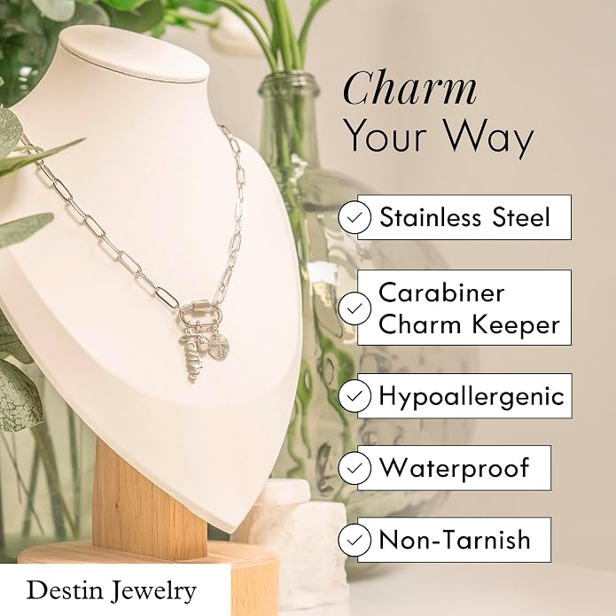 Destin Jewelry 18K Gold PVD Faith Charm Necklace for Women, Chunky Paperclip Chain with Carabiner Charm Keeper and Message, Stainless Steel Necklace 18"+2"