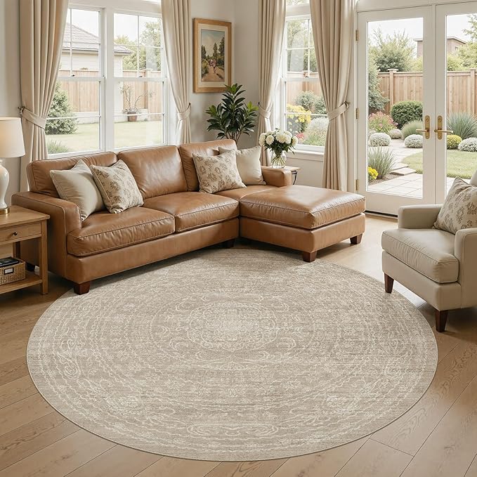 8ft Round Rug Living Room: Washable Large Vintage Rug Neutral Non-Slip Soft Stain Resistant Indoor Carpet for Bedroom Nursery Dining Room Under Table Bed Home House Office Playroom - Brown