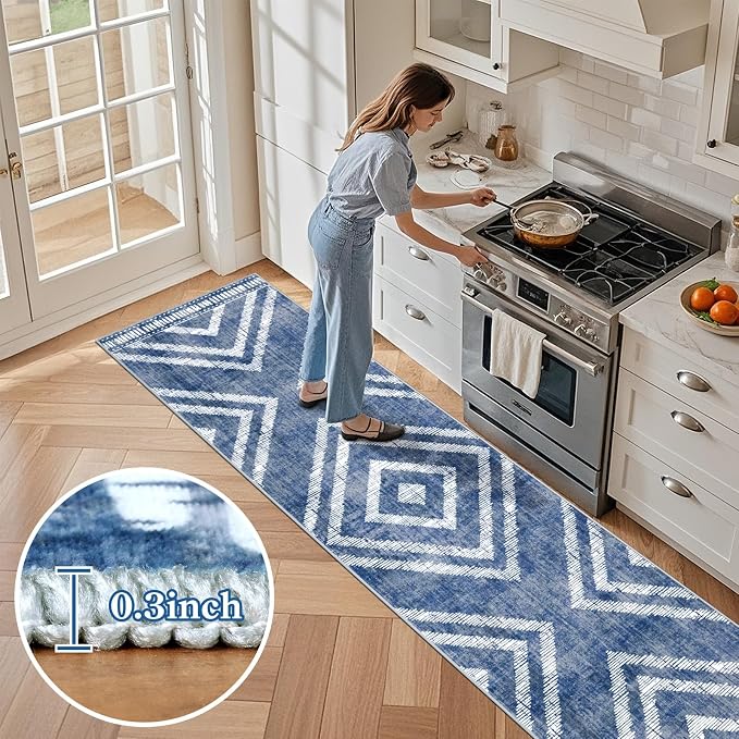 2x10Ft Boho Hallway Runner Rugs Non Slip, Blue Geometric Washable Rug Runners for Kitchen, Soft Low Pile Modern Farmhouse Entryway Floor Carpets for Entrance Doorway Bedroom Home Decor