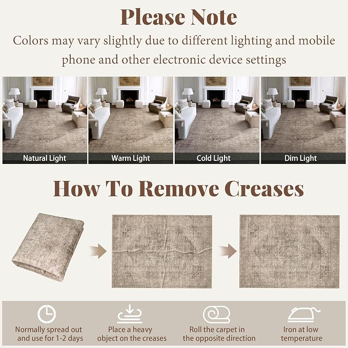 Machine Washable Rugs for Living Room: 10x14 Area Rugs for Bedroom Ultra Soft Non-Slip Low Pile Vintage Distress Boho Large Carpet for High-Traffic Dining Room - Farmhouse Decor