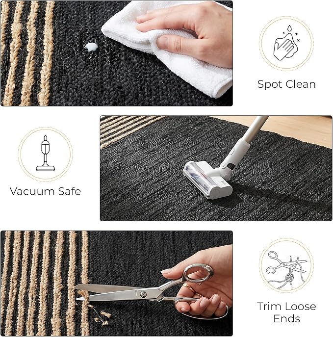 GRUHUM Black Jute Area Rug 8x10ft - Natural Fiber Black Leather Rectangular Handwoven Boho Farmhouse Soft Braided Eco Friendly Vintage Rugs for Indoor Living Room Bedroom Kitchen Hallways 8'x10' Large