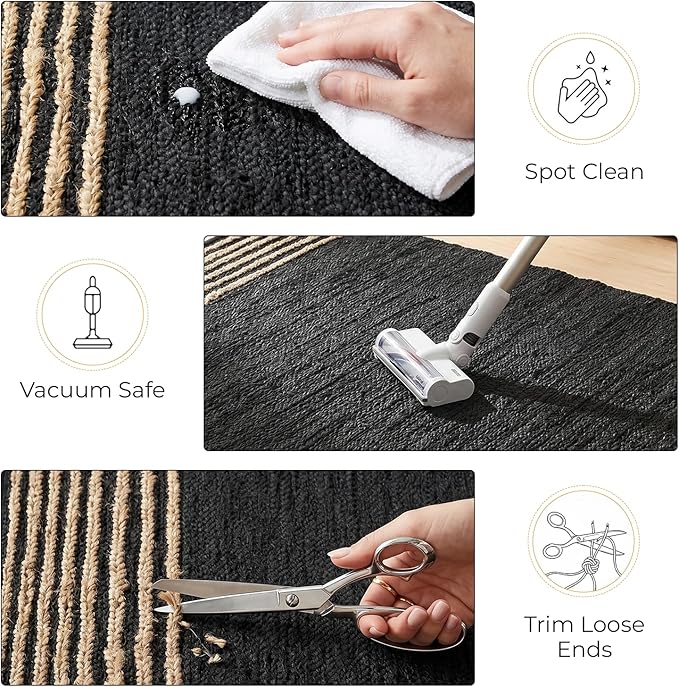 GRUHUM Black Jute Area Rug 2x3ft - Natural Fiber Rectangular Black Leather Handwoven Boho Farmhouse Soft Braided Vintage Eco Friendly Rugs Indoor Living Room Kitchen Hallways Enterways Doormat 2x3 ft
