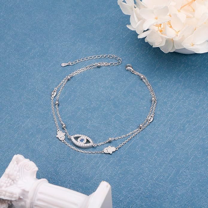 Ladytree S925 Sterling Silver Boho Beach Double Layer Anklets Bracelet for Women Adjustable 9 to 11 inches