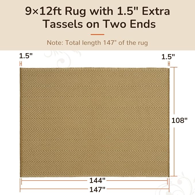 9x12 Washable Boho Area Rug with Tassels for Living Room Yellow Beige | Vacuum Friendly, Machine Washable, Non-Slip Rug, Modern Farmhouse Neutral Decor Carpet, Bedroom Dining Room Office Kitchen