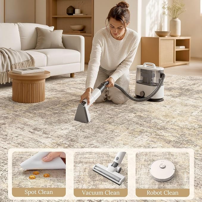 cotiled Washable Area Rug 7x9, Non-Slip Soft Neutral Rug for Living Room | Modern Abstract Carpet, Stain Resistant and Kid & Pet Friendly, Ideal For Bedroom, Dining Room, Nursery, Home Office - Beige