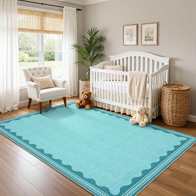 GarveeHome Scalloped Teal Washable Rugs 5x7 Rug for Living Room Solid Modern Minimalism Soft Low-Pile Carpet for Bedroom Dining Nursery Non Slip TPE Backing