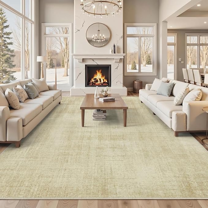 Joydeco Washable 10x12 Area Rug for Living Room Bedroom, Boho Abstract Beige Dining Room Rug Non Slip, Soft Neutral Classic Indoor Throw Carpet for Playroom Dorm Classroom Office Guest Room