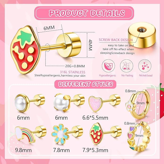 Florideco Hypoallergenic Earrings for Women 316 Surgical Steel Earrings for Sensitive Ears Cute Small Daisy Hoop Earring Heart Flower Strawberry Rainbow Flat Back Earring Sets