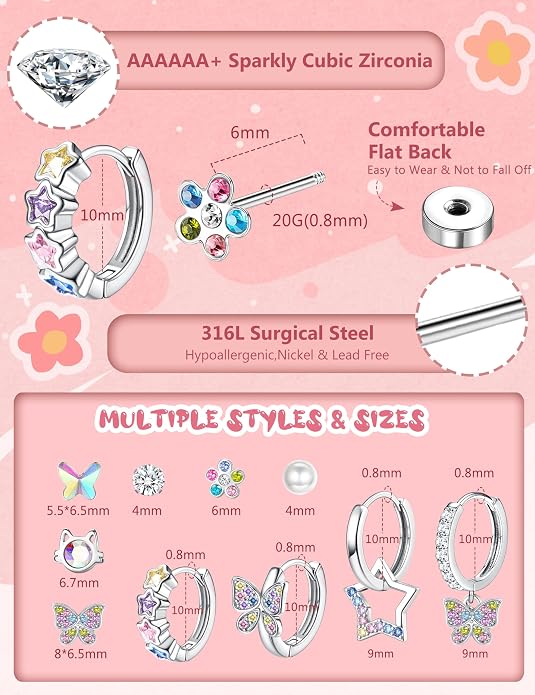 LOYALLOOK 14Pairs Hypoallergenic Screwback Earrings for Women Girls Tiny CZ Pearl Ball Heart Flower Screw Back Earring Studs 316L Stainless Steel Stud Earrings Flatback 20G Over 3 Years Old