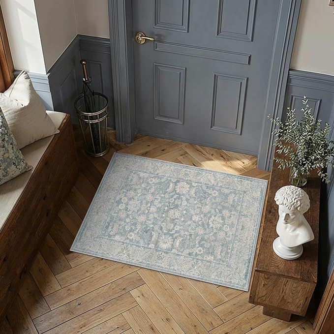 2x3 Blue Washable Area Rug Non Slip Retro Distressed Doormat | Soft Low Pile, Lightweight Foldable, Pet Friendly, Entryway, Entrance, Kitchen, Bathroom, Laundry Room