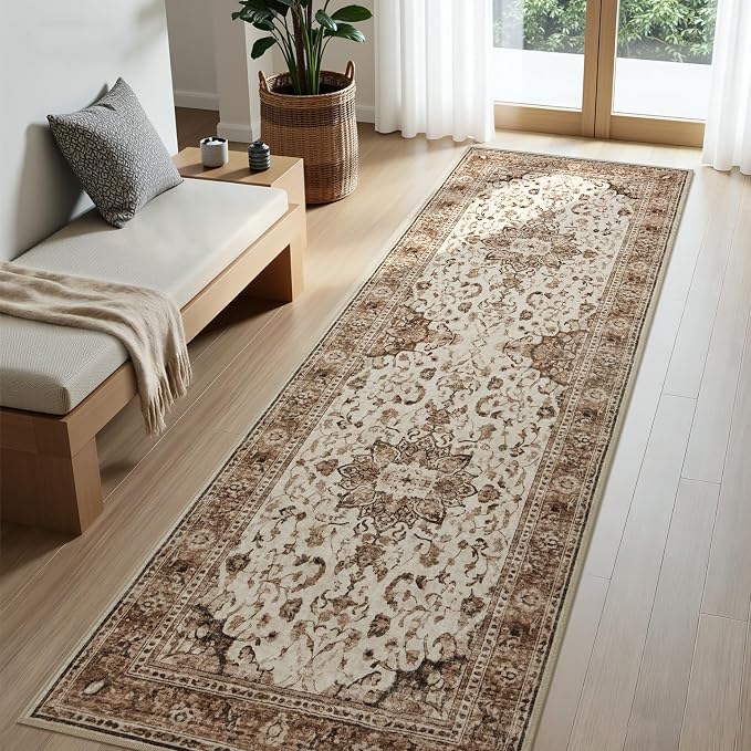 Joydeco Washable 2x6 Hallway Runner Vintage, Beige & Blue & Reddish-Brown | Water Resistant Low Pile Non Slip Backing for Kitchen Entryway Bedroom Bathroom Dining Room