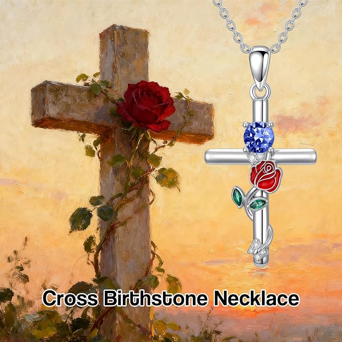 Birthstone Cross Necklace 925 Sterling Silver Rose with Butterfly Birthstone Cross Pendant Necklace Jewelry Gifts for Women Birthday Christmas