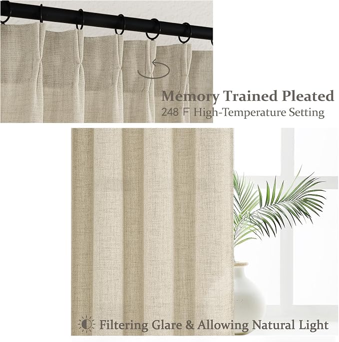 Custom Warm Beige High Ceiling 104 Inch Curtains for Classroom 2 Panels Set, Memory Shape Pinch Pleat Semi Sheer Natural Linen Blend Drapes Light Filtering Privacy Neutral Windows Curtain with Rings
