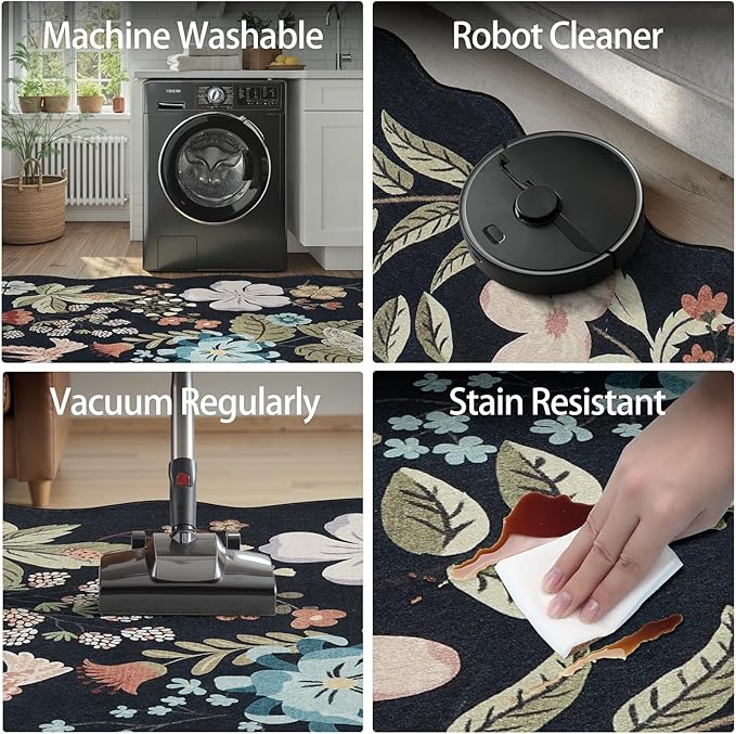 DCX Black Floral Rug 3x5, Washable Black Rug for Living Room, Kid & Pet Friendly with Rubber Back Non Slip, Soft Low Pile Carpet, Stain Resistant Rug for Bedroom, Nursery, Dining Room