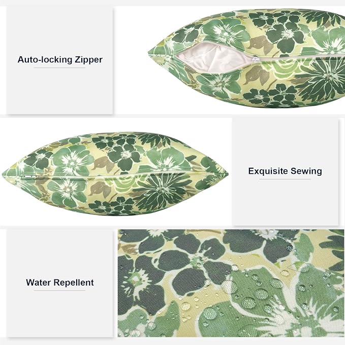 Outdoor Lumbar Pillows 12x20 Inch, Water Repellent Cushion Pillows, Outdoor Pillows with Inserts for Home Garden Pack of 2, Green Rose