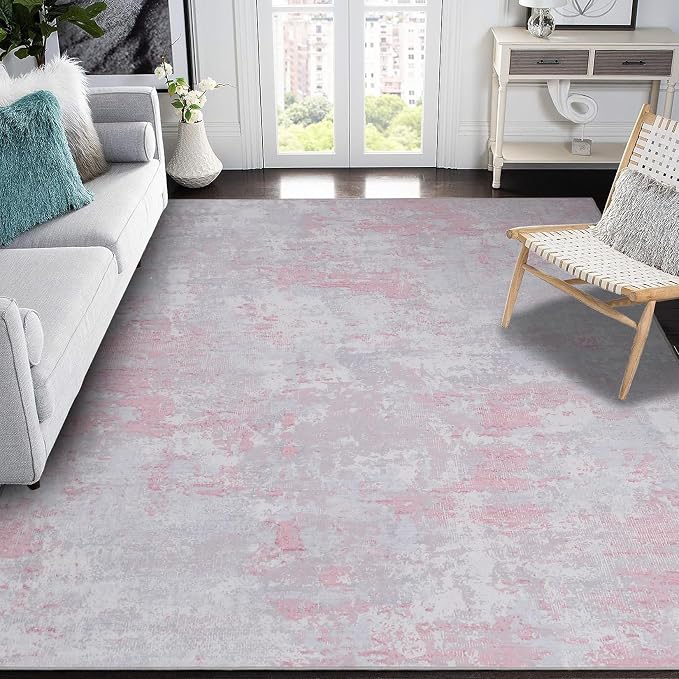 ROYHOME Modern Abstract Area Rug 9x12 Non Slip Non Shedding Rug Low Pile Stain Resistant for Bedroom Living Room,Grey Pink