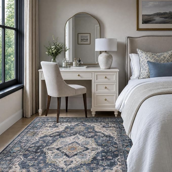 AMOAMI-3X5 Area Rug-Soft Washable Vintage Throw Accent Rugs for Living Room, Entryway, Bedroom, Kitchen, Bathroom, Laundry Room, Kitchen, Bathroom, Bedside, No Slip Blue