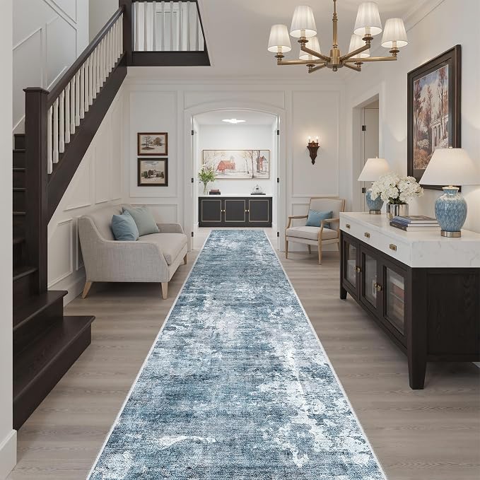 Soalmost Runner Rug 2'6" x 16' Washable Non-Slip 2.5x16 ft Long Runner Rugs for Kitchen Bathroom Laundry Room Vintage Ultra Thin Runners for Hallway Entryway Blue/Grey