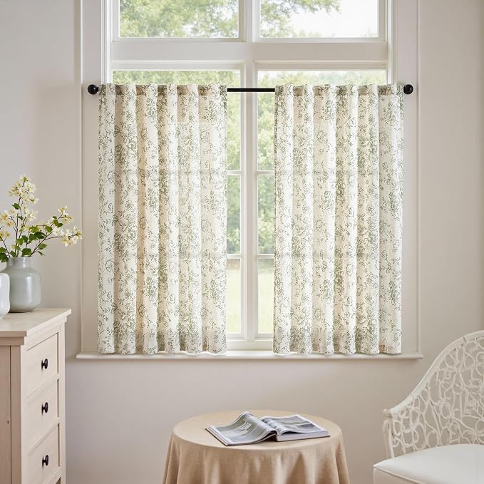 jinchan Green Floral Linen Curtains 45 Inch Vintage Back Tab 2 Panels | Light filtering drapes, semi sheer, farmhouse, cottagecore, rustic, living room, bedroom, rod pocket, window treatment