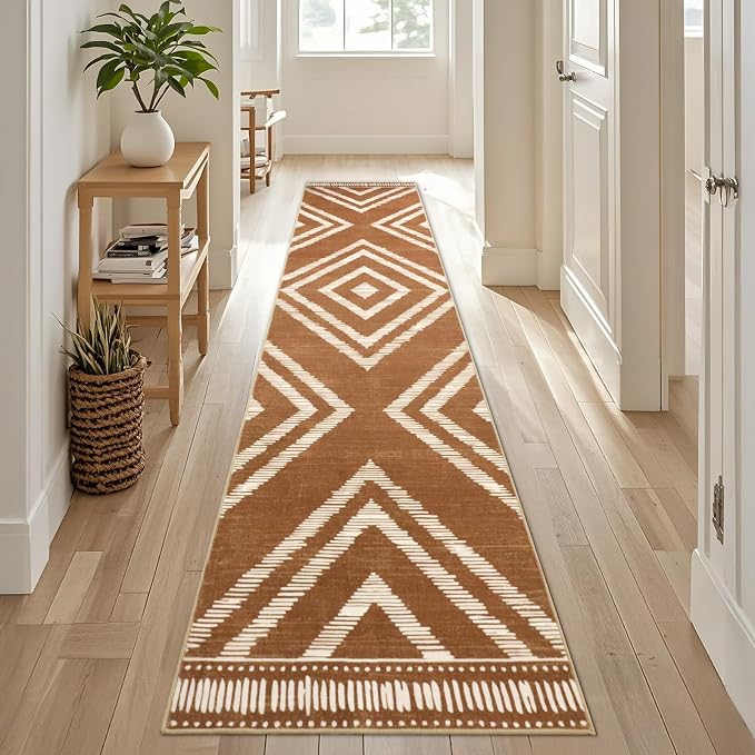 2x10Ft Boho Runner Rugs for Hallway Non Slip, Brown Washable Kitchen Rug Runners, Soft Moroccan Farmhouse Entryway Runner, Low Pile Geometric Floor Carpet for Bedroom Home Decor