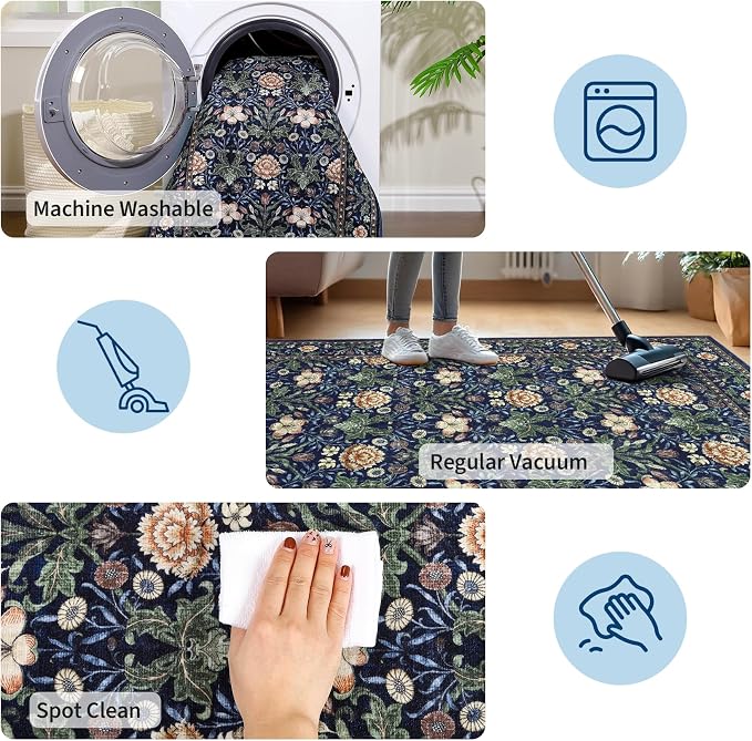 GarveeHome Washable Area Rug 6x9, Soft Vintage Floral Bedroom Rug Non Slip Low Pile Forest Green Carpet Stain Resistant Retro Navy Throw Rug for Bedside Kids Room Office Dining Room