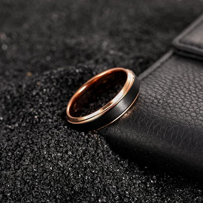 TRUMIUM 6mm 8mm Tungsten Rings for Men Women Black Wedding Band 24K Gold Plated/Rose Gold Plated Step Edges Comfort Fit Size 6-13