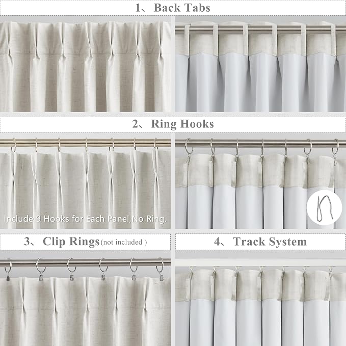 WEST LAKE 72 Inch Natural Full Blackout Curtains with Light Blocking Liners | Bailey Pinch Pleated Drapes with Back Tab,Farmhouse Linen Blended Window Treatment for Bedroom,Living Room,40"Wx72"Lx2
